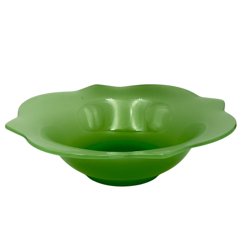 Vtg 1960s MCM Green‎ Jadeite Glass Ruffled Scalloped Rim Edge Serving Bowl 12"